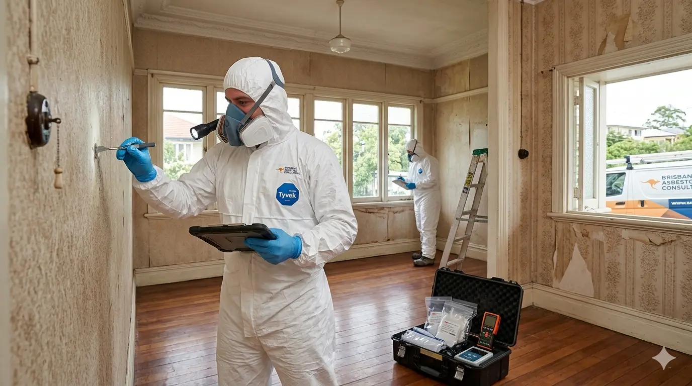 asbestos inspection brisbane specialist checking suspected asbestos materials on site
