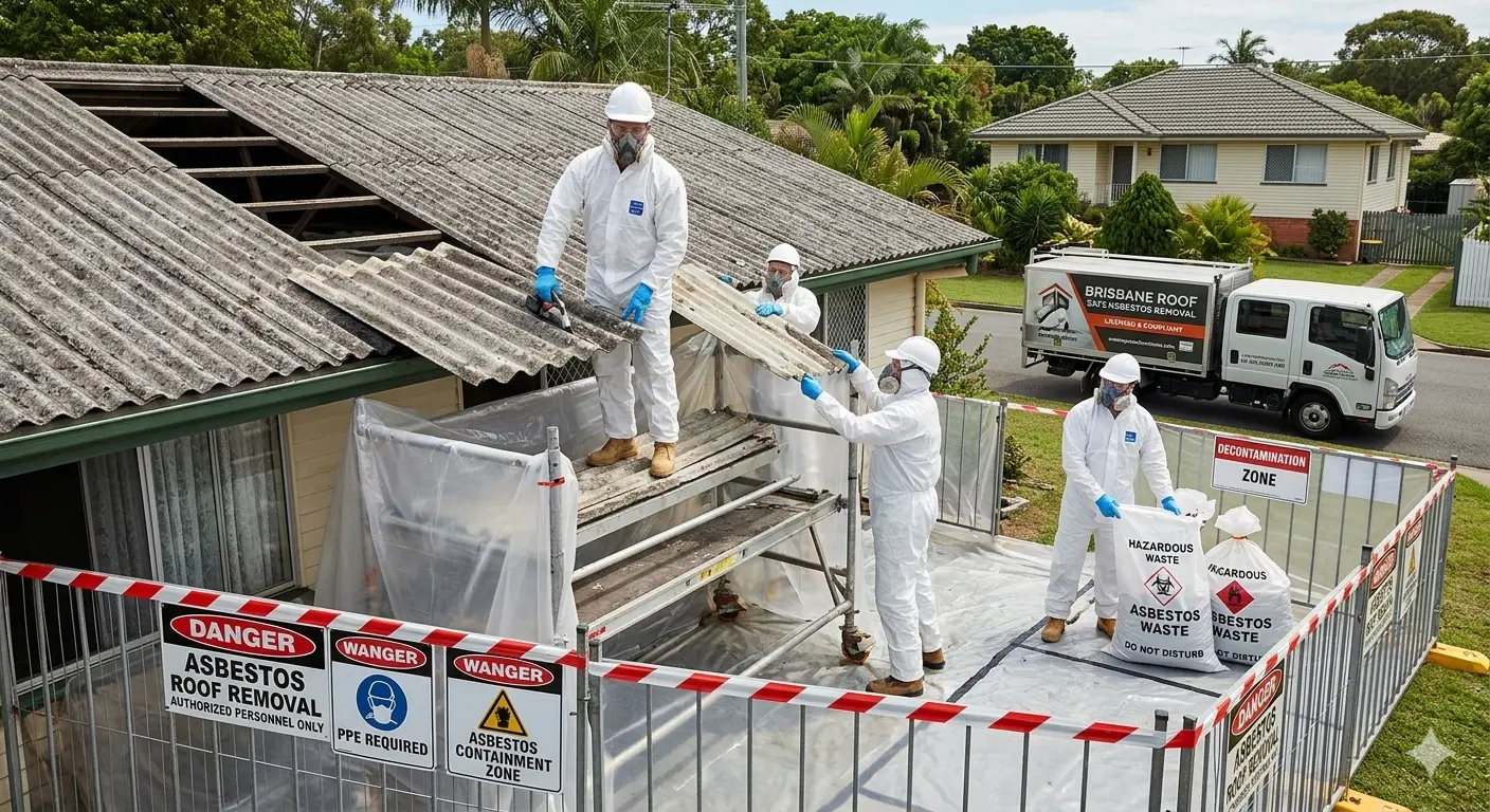 asbestos roof removal brisbane team removing corrugated asbestos roofing safely