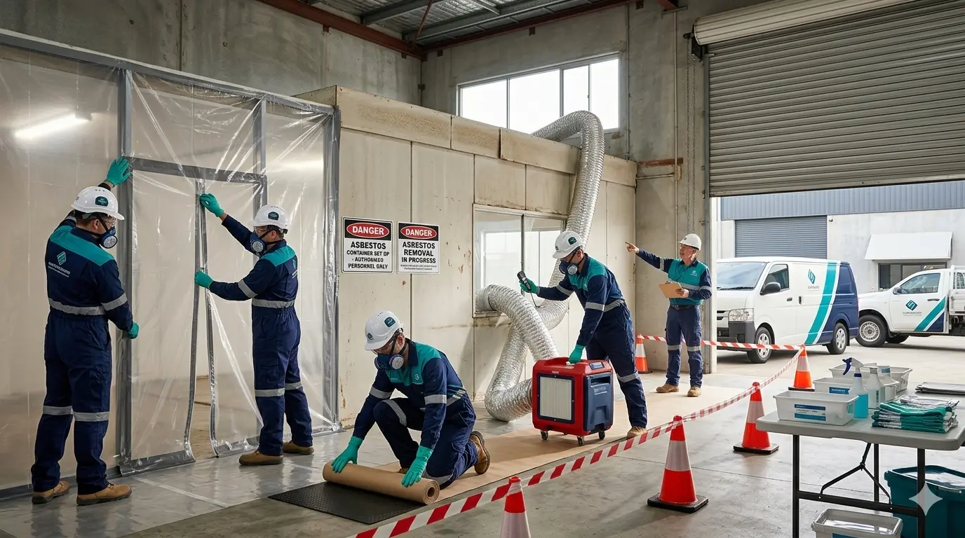 commercial asbestos removal brisbane team setting up safe containment on site
