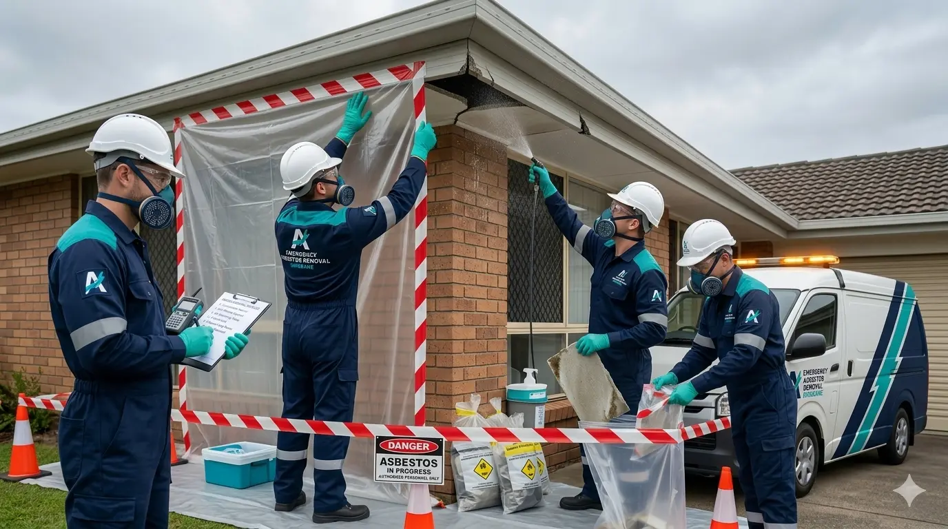 emergency asbestos removal brisbane team securing damaged asbestos sheeting safely