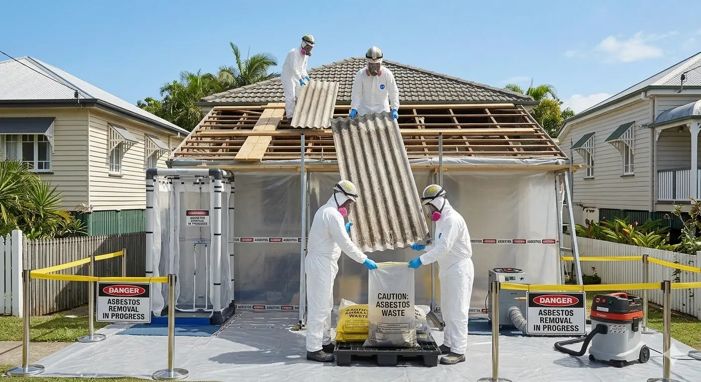 non-friable asbestos removal brisbane team removing bonded asbestos sheeting safely