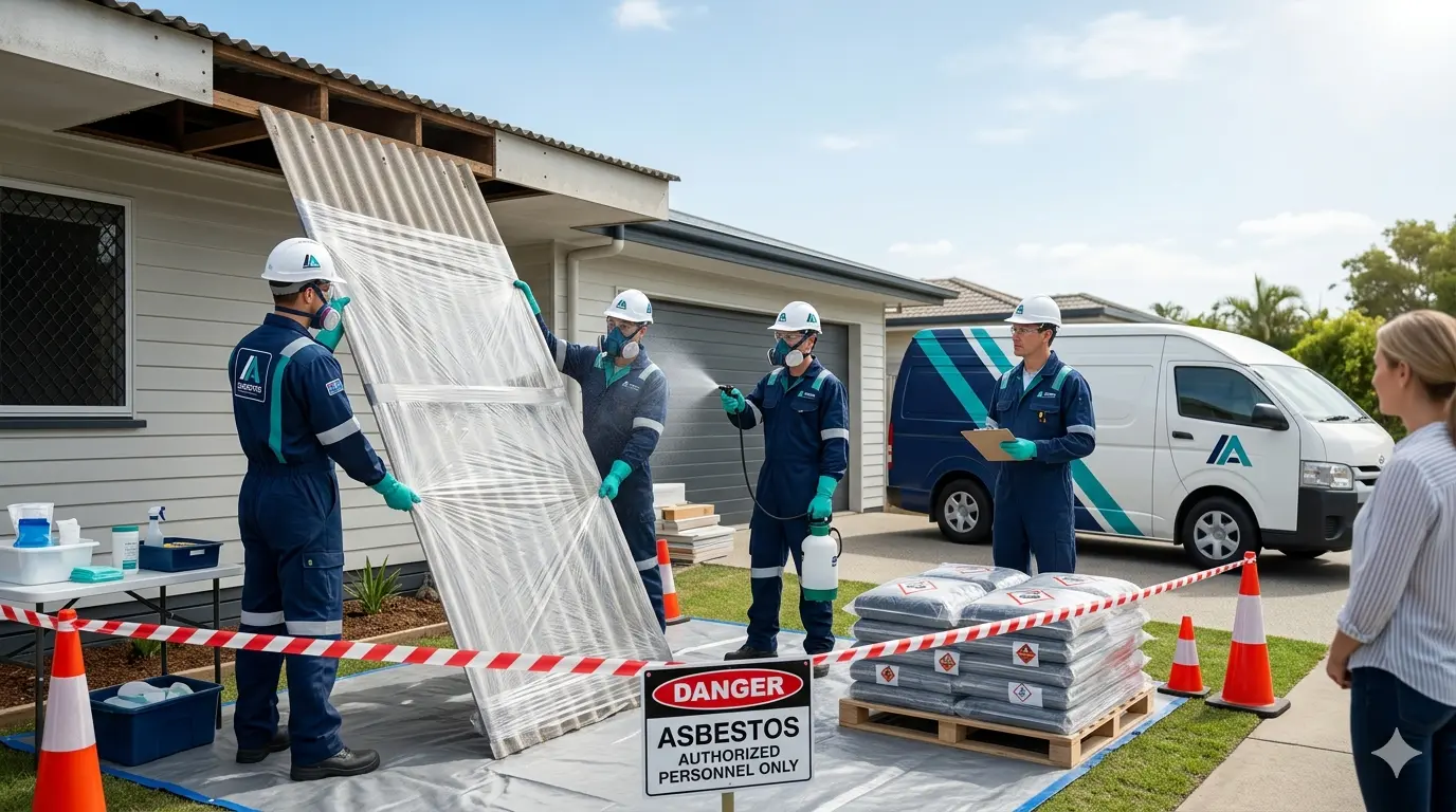 residential asbestos removal brisbane team removing asbestos sheeting safely at a home