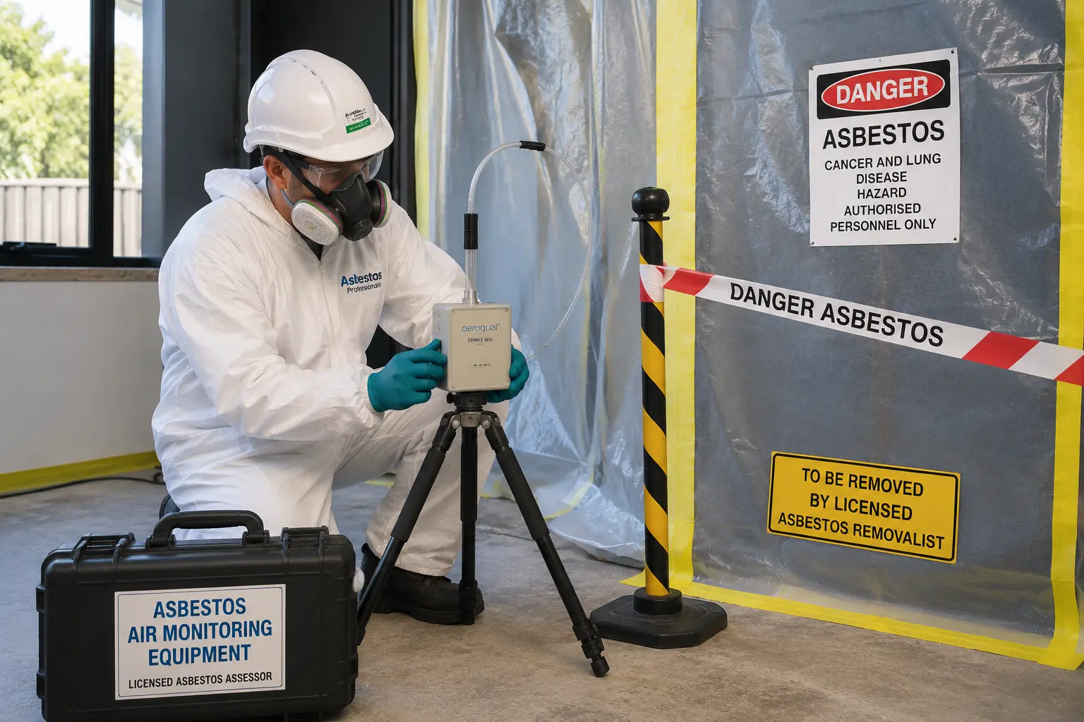 Licensed asbestos assessor setting up asbestos air monitoring brisbane equipment near a contained removal area